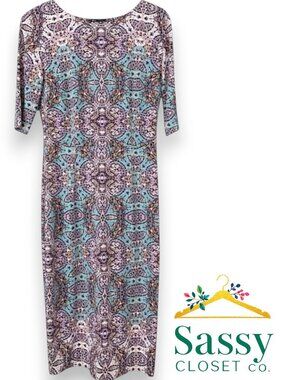 Maggy London Jewel Tone Purple Turquoise Sheath Midi Dress 8